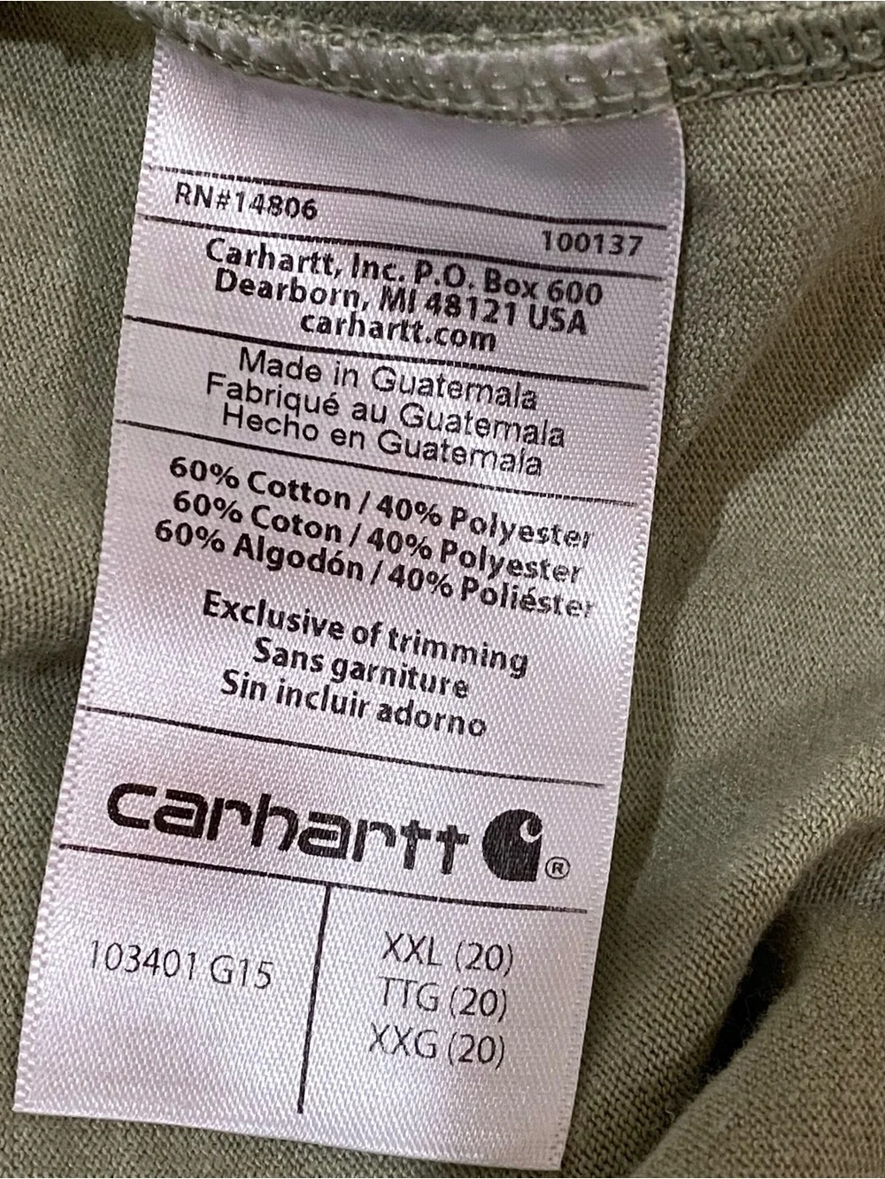 Carhartt Long Sleeve TShirt Mens XXL Green Original Fit Sleeve Logo Tee